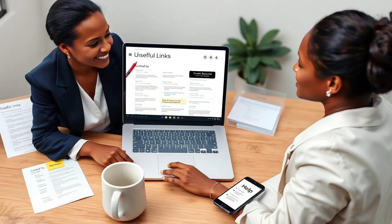 Useful Links 2 Content manager viewing a curated useful links page on a laptop at a desk.