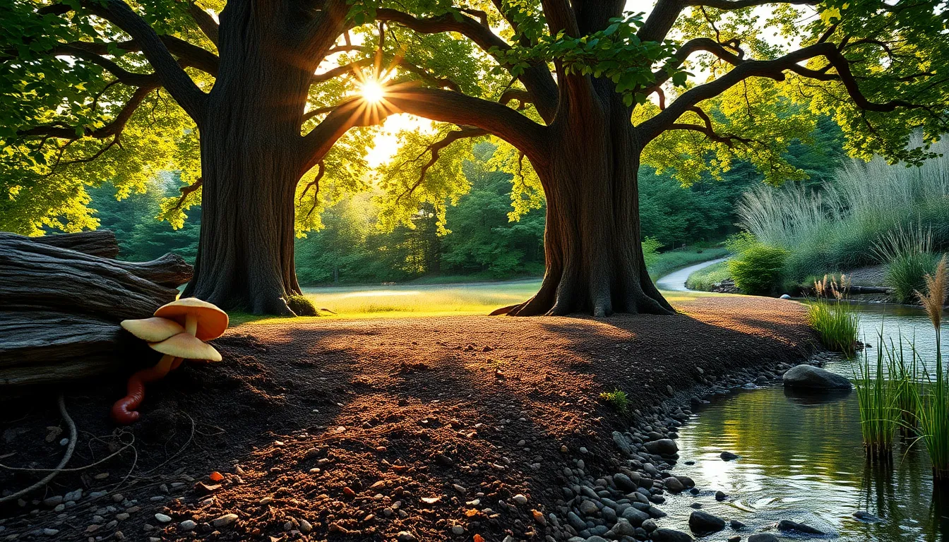 Mature oak by a stream with forest floor, deer, mushrooms, and distant hills.