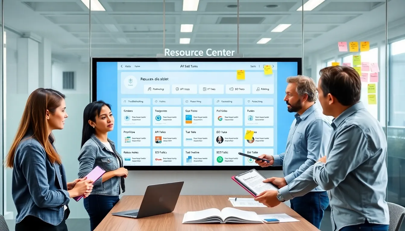 Team meeting around a digital Resource Center dashboard prioritizing goals.