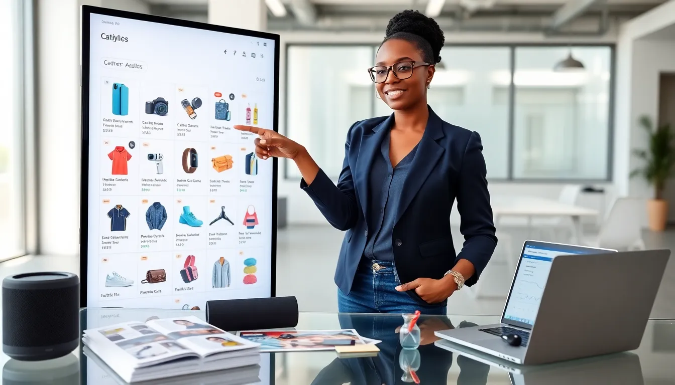 Product manager pointing at a digital product catalog on a large office touchscreen.