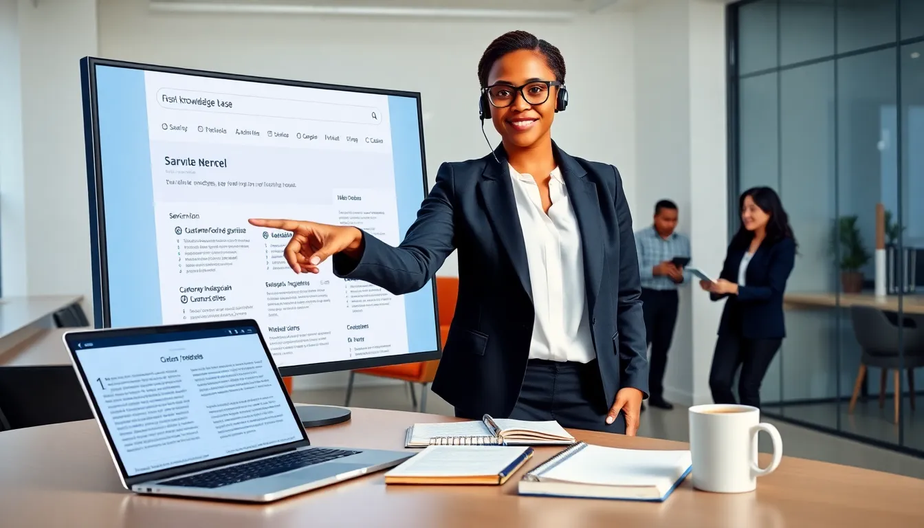Product manager pointing at a searchable knowledge base on a large office monitor.
