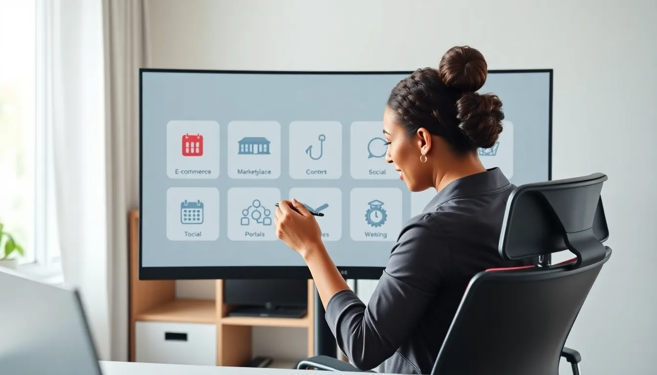 Person pointing at a monitor showing a labeled list of website types.