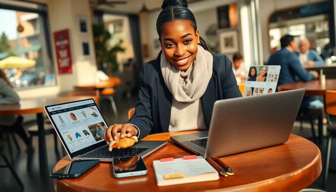 A woman at a caf&eacute; discovering ideas on laptop and phone, surprised and smiling.