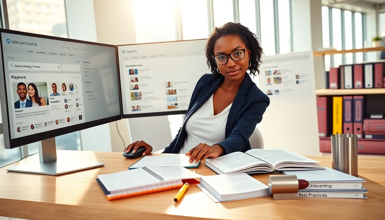Professional woman pointing at a searchable resource portal on a monitor.