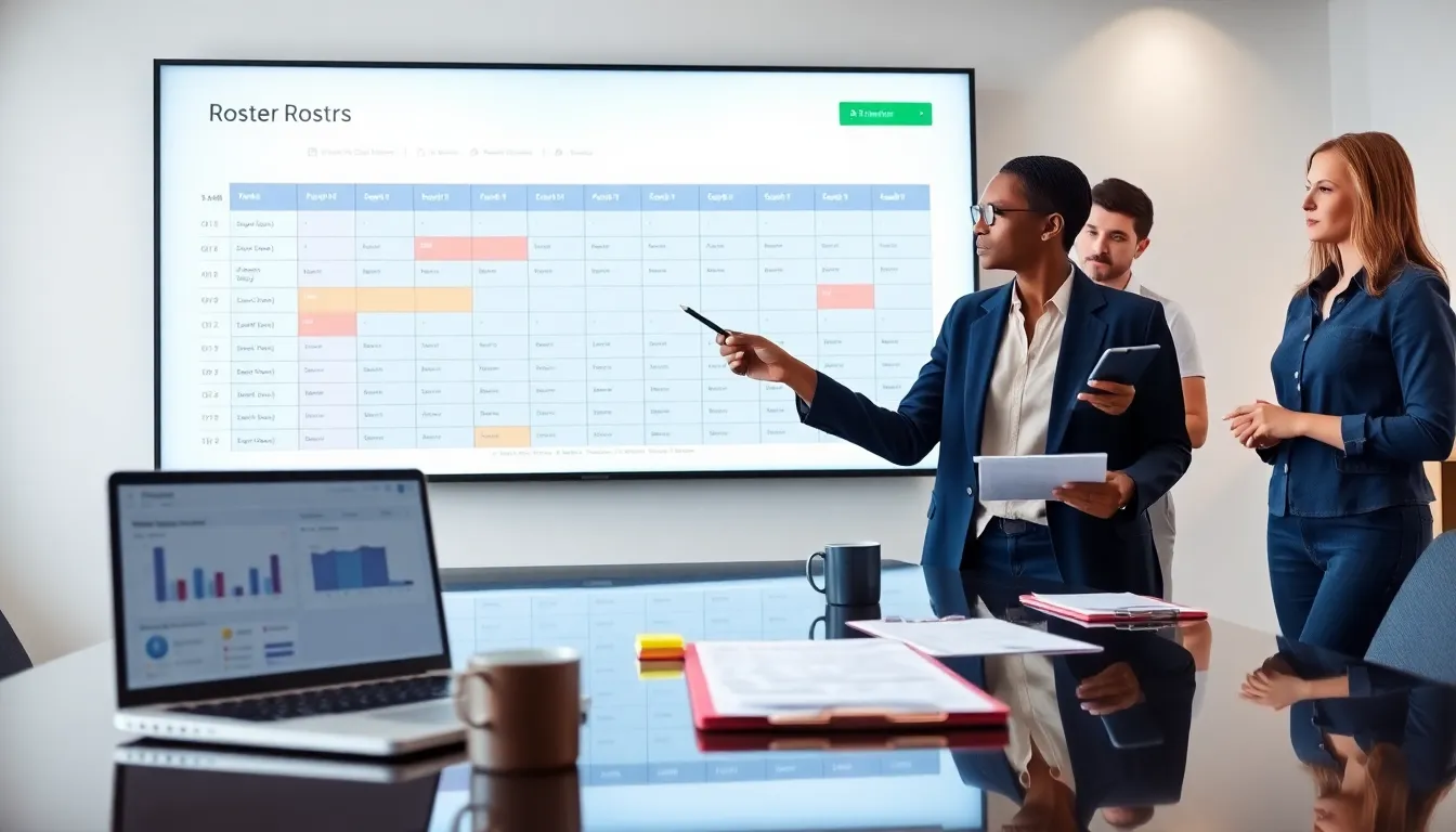 Manager pointing to a digital roster screen while two employees watch.