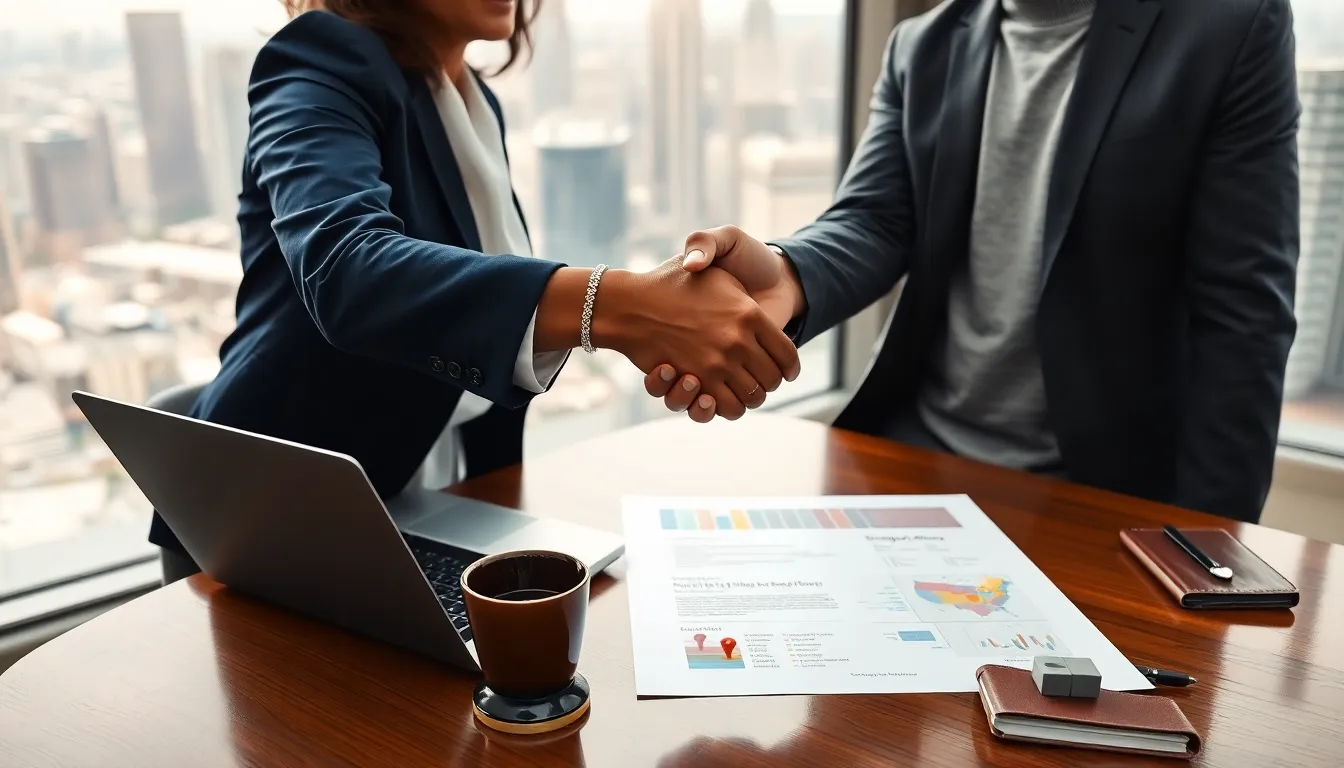 Two executives shaking hands over a table with partnership documents and laptop.