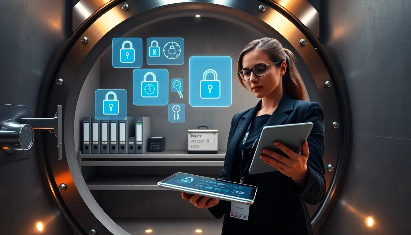 Modern vault door open, engineer with tablet, glowing digital security holograms.