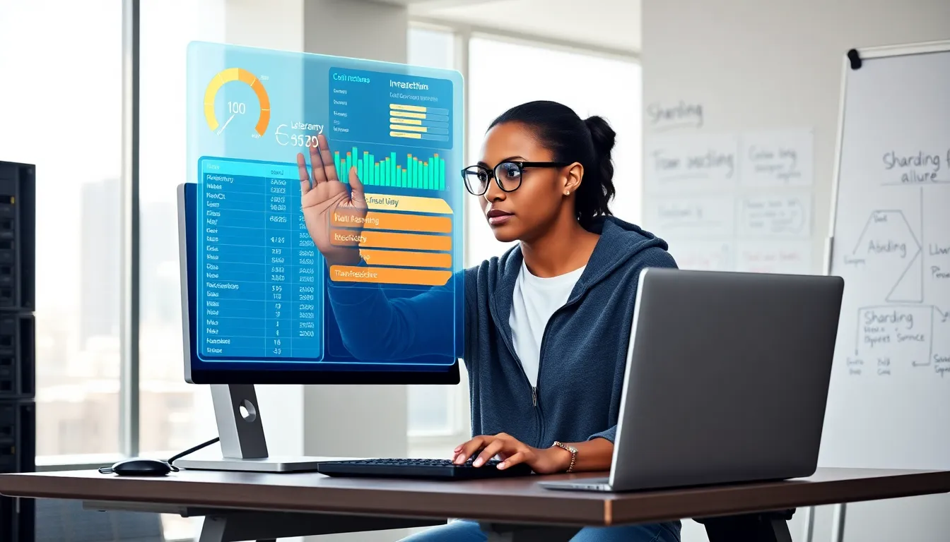 Engineer interacting with a holographic database interface at a desk.