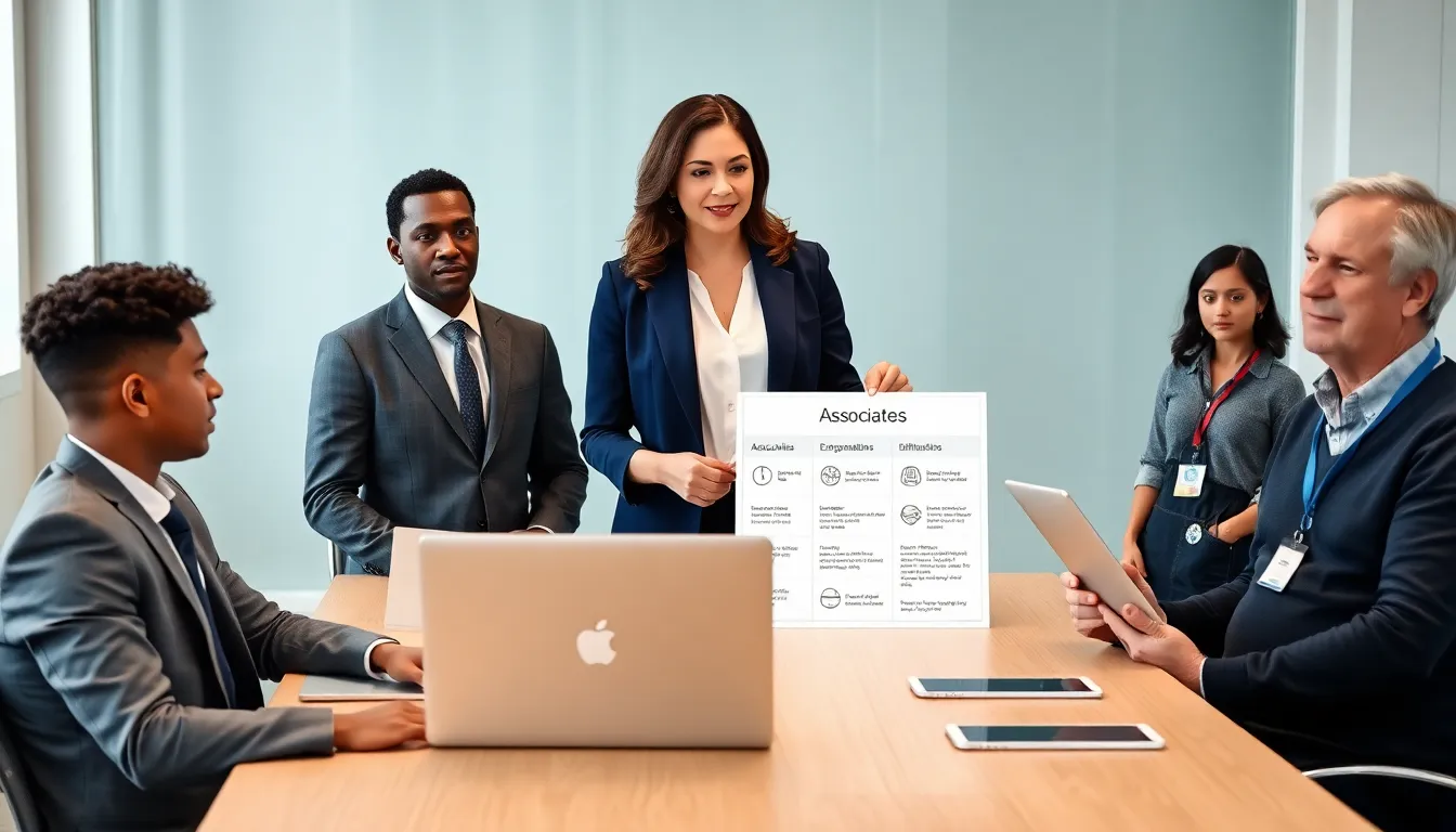 Manager presenting an &ldquo;Associates&rdquo; policy to diverse staff in a sunny conference room.