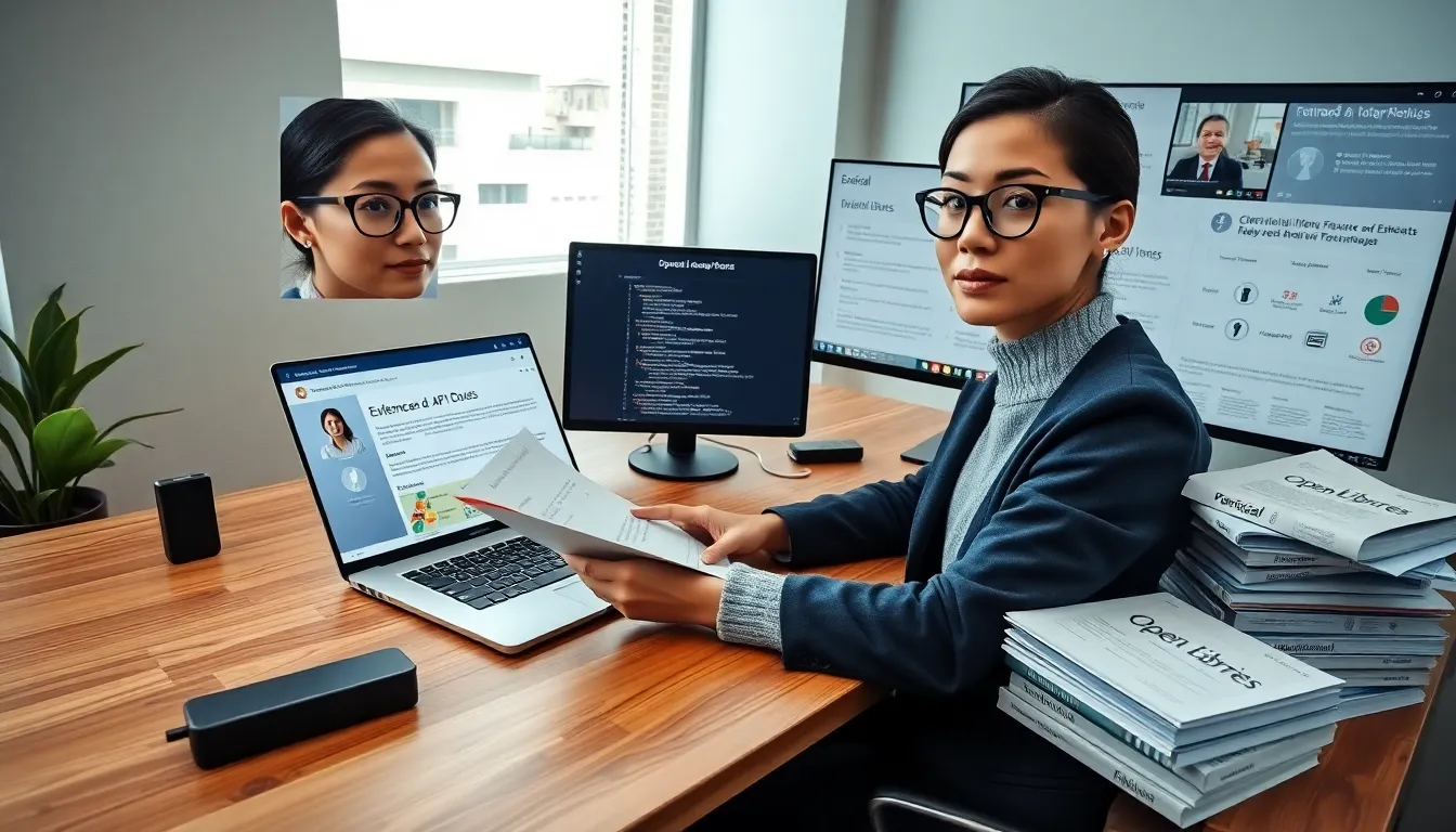 A professional woman at a desk using external resources on laptop and reports.