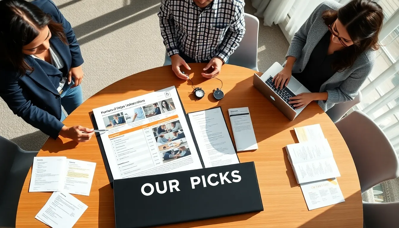 Team reviewing an &ldquo;OUR PICKS&rdquo; folder with test samples and notes.