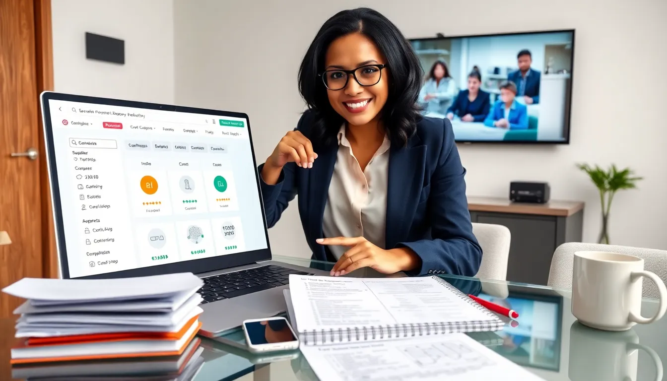 Procurement manager pointing at a vendor directory dashboard on a laptop.