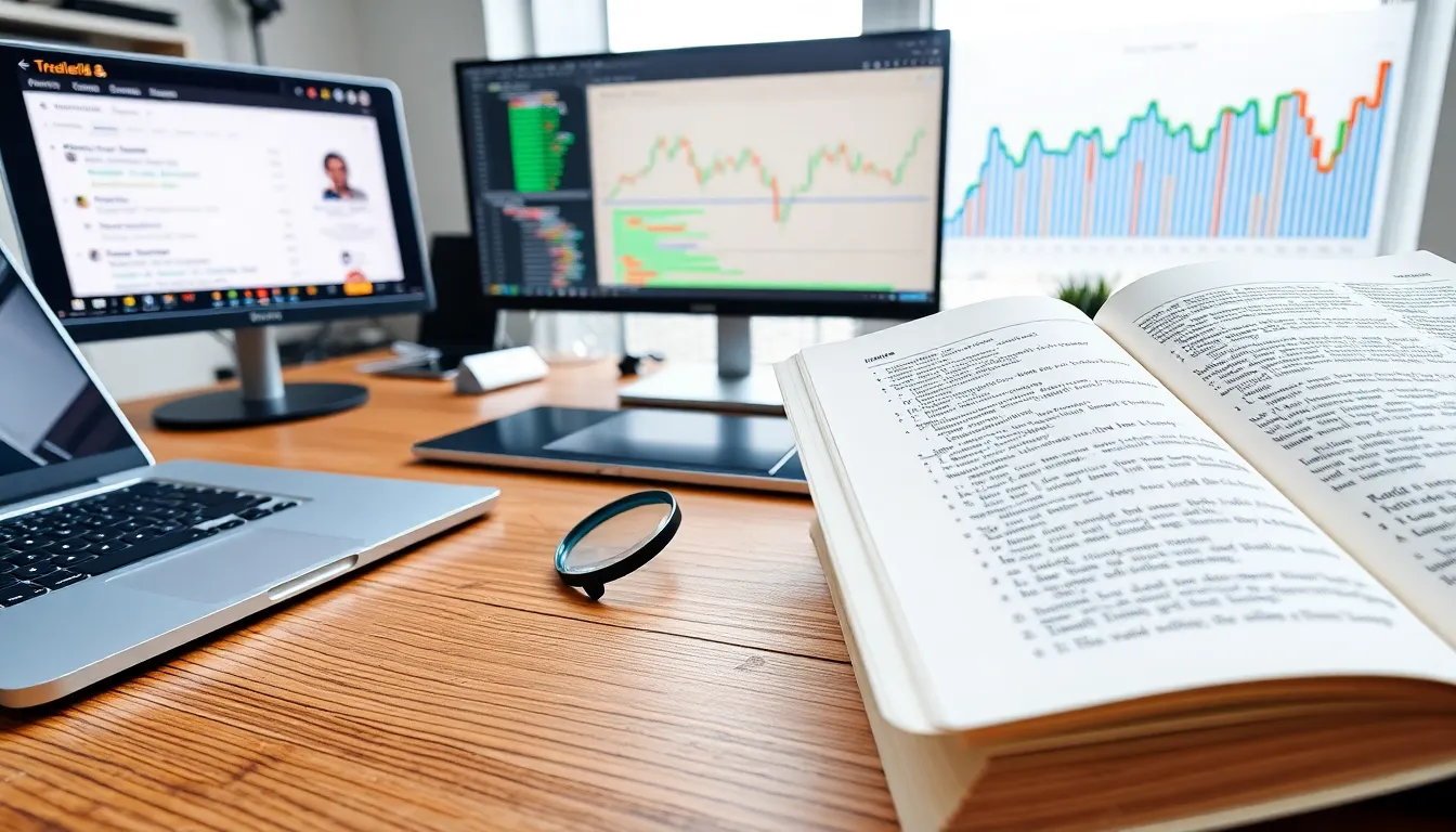 desk with book index, laptop code, search results and financial chart