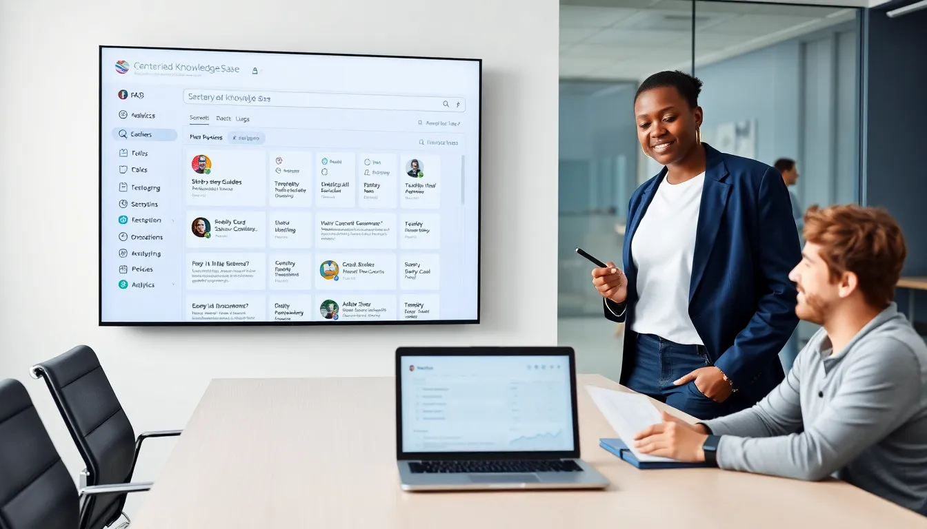 Professional woman using a touchscreen knowledge base in a modern office.