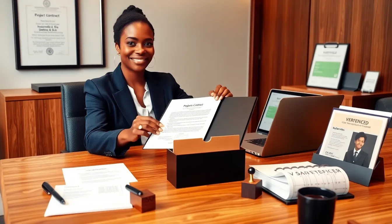 Project manager offering a signed contract in a modern office, certificates visible.