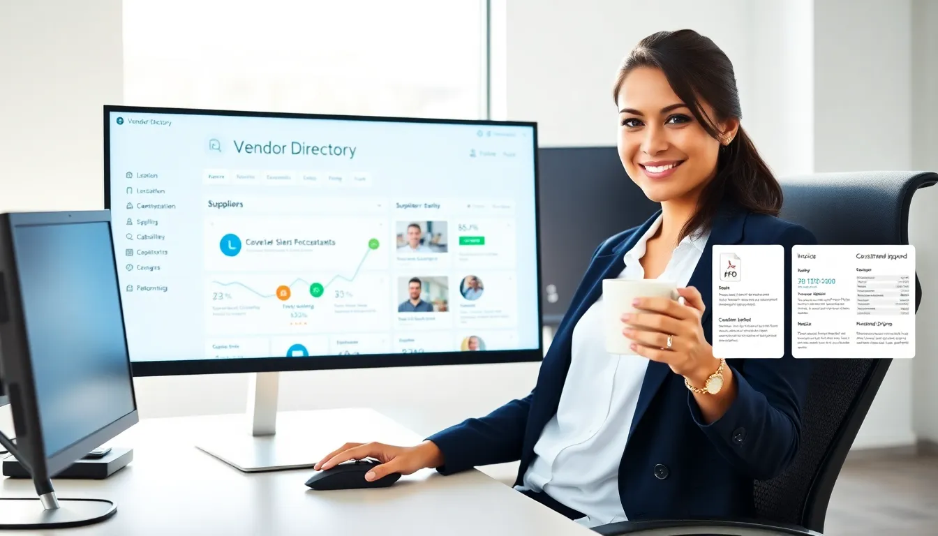 Procurement manager viewing a vendor directory UI on a widescreen monitor.