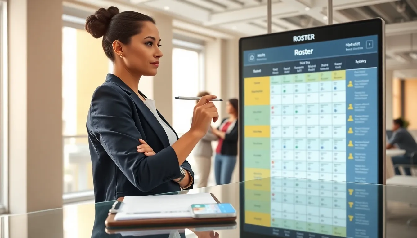 Manager updating a large digital roster on a touchscreen in a modern office.