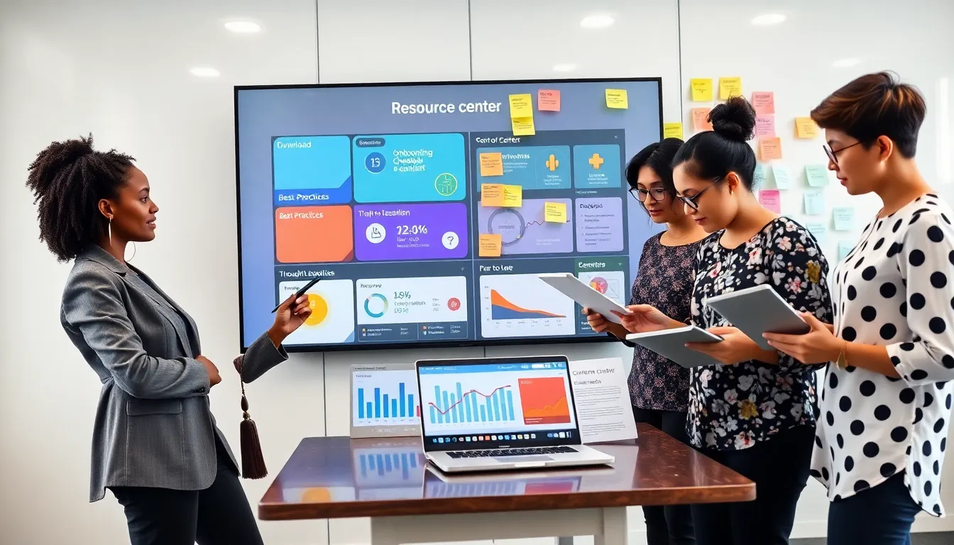 Team around a touchscreen resource center dashboard in a sunlit office.