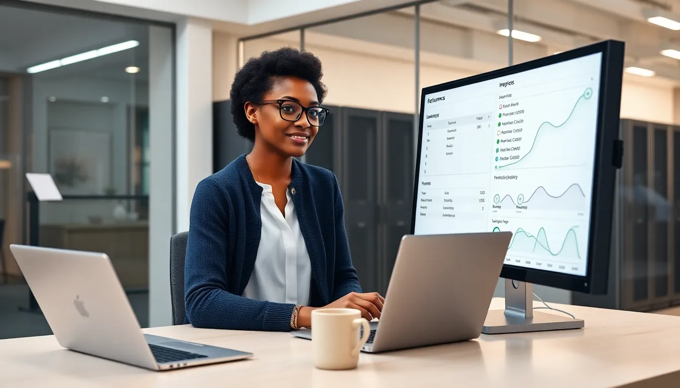 Engineer pointing at a monitor showing a clear database schema and performance charts.