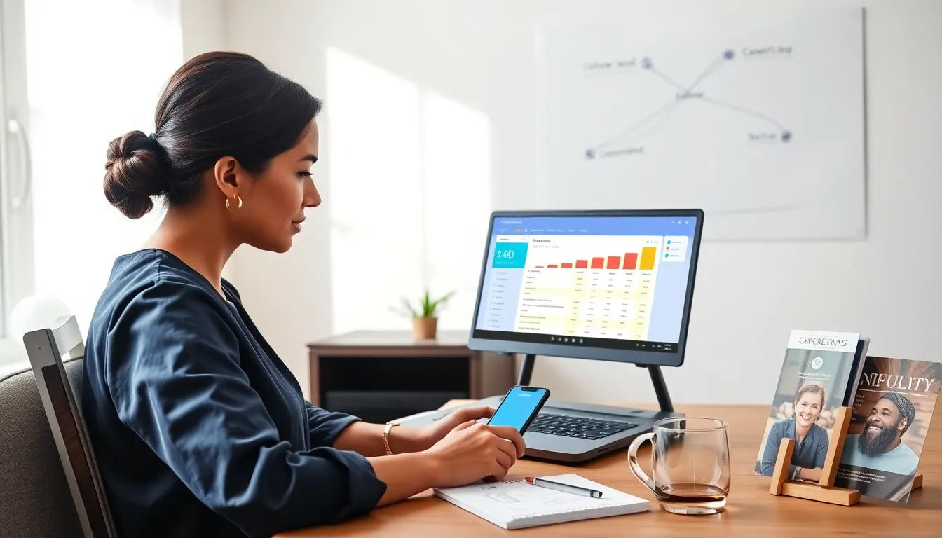 Affiliate marketer at home desk reviewing dashboard with tracking links and notes.