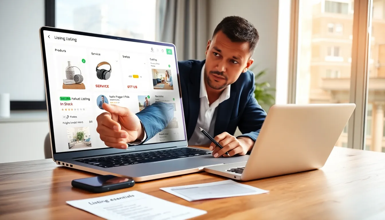 Product manager pointing at a laptop showing product, service, and real estate listings.