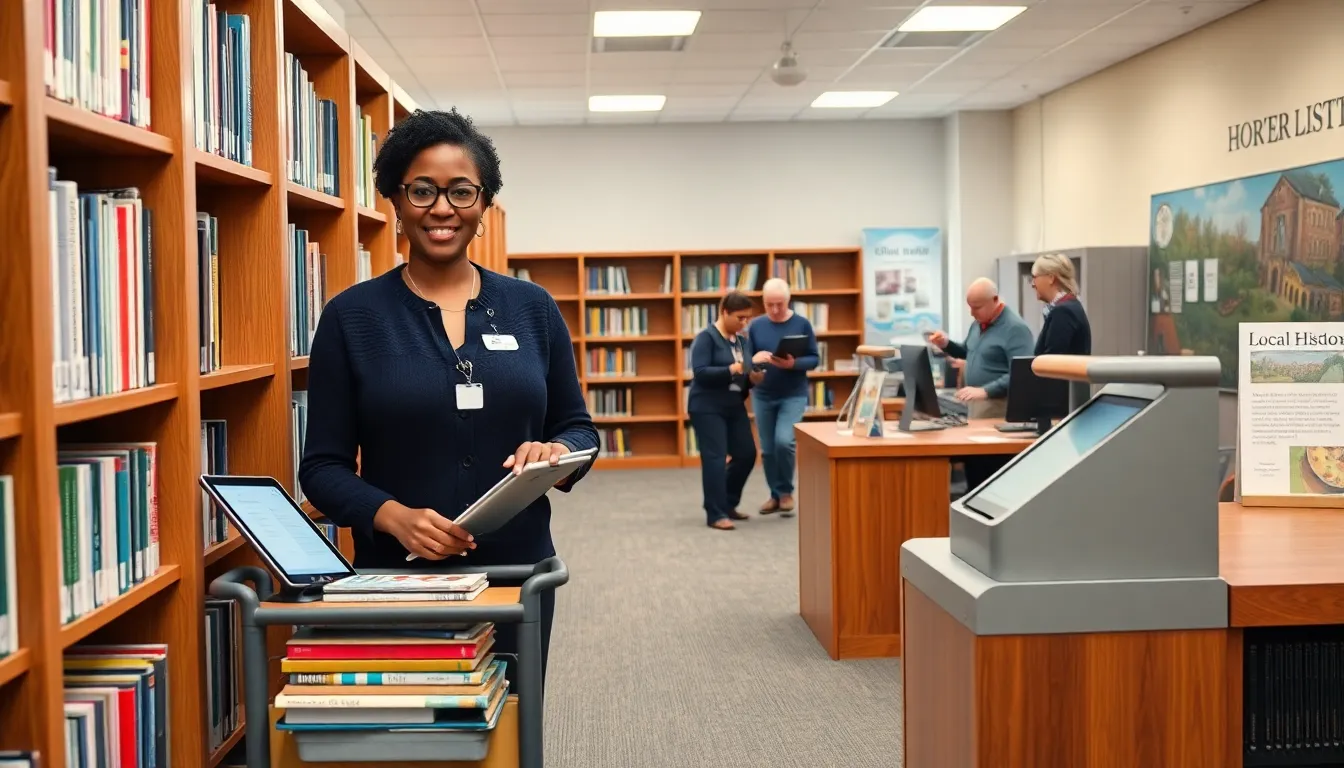 librarian shelving a book in a bright, modern public library with patrons