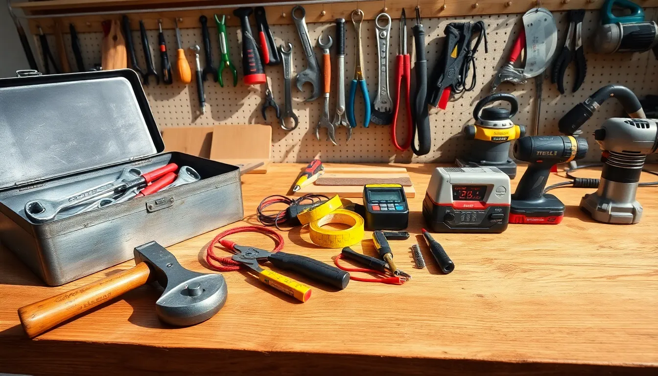organized workshop workbench with hand, power, garden tools and tablet