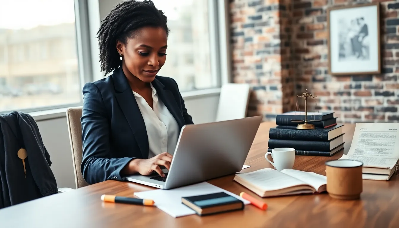 Professional reading a job description at a desk surrounded by role-related props.