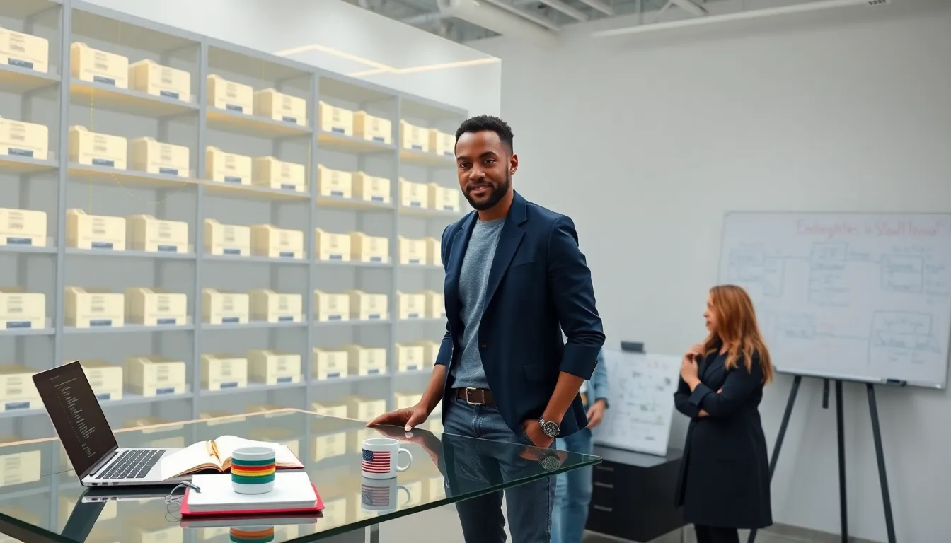 Engineer interacting with a holographic database warehouse in a modern office.