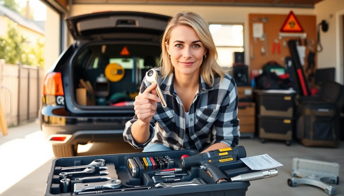 Person selecting a wrench from an organized open tool kit in a garage.
