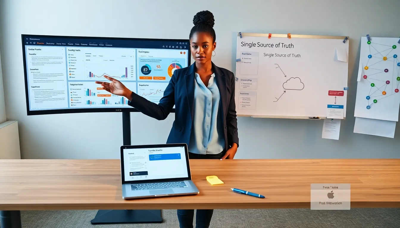 Product manager pointing to screens showing connected apps and automated data flows.