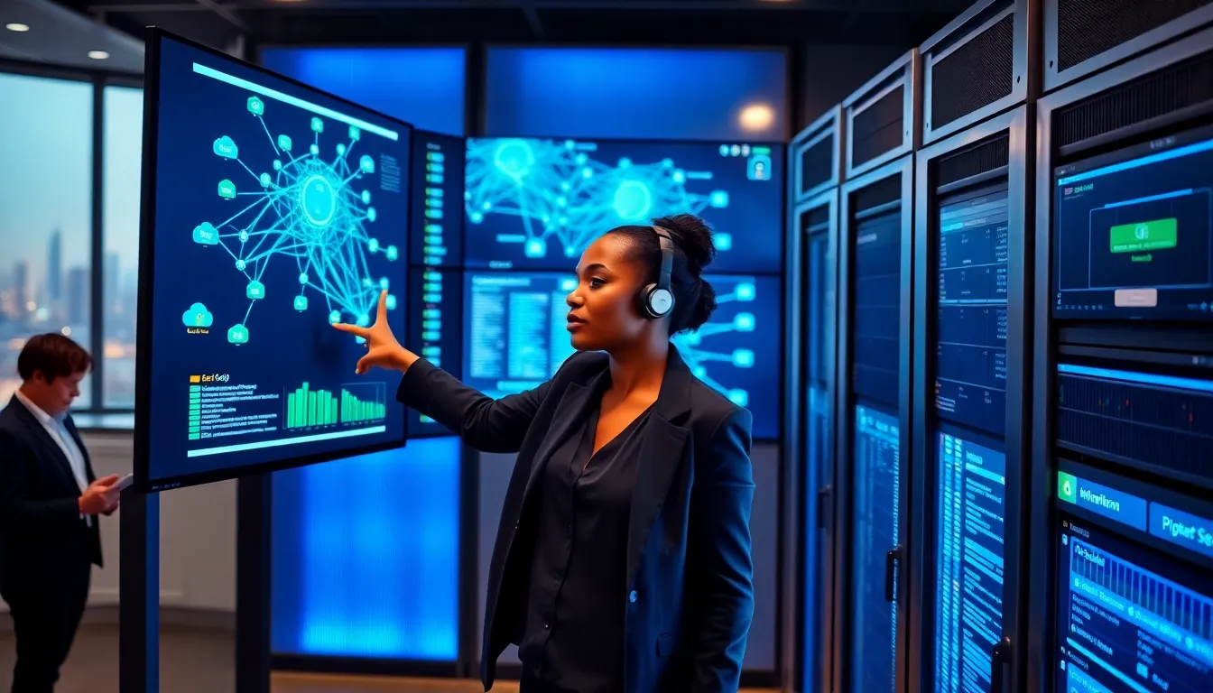 Network engineer pointing at real-time topology wall of monitors in operations room.