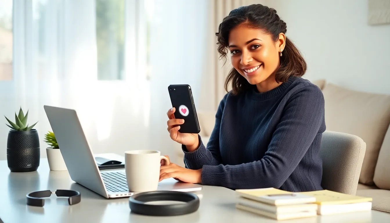 A person curating digital favorites on a laptop and phone at a sunlit desk.