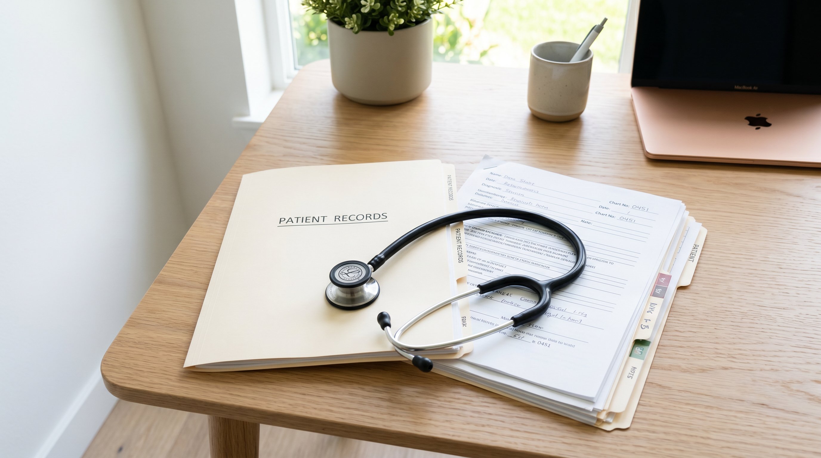 stethoscope next to medical records in minimalist clinic, top view