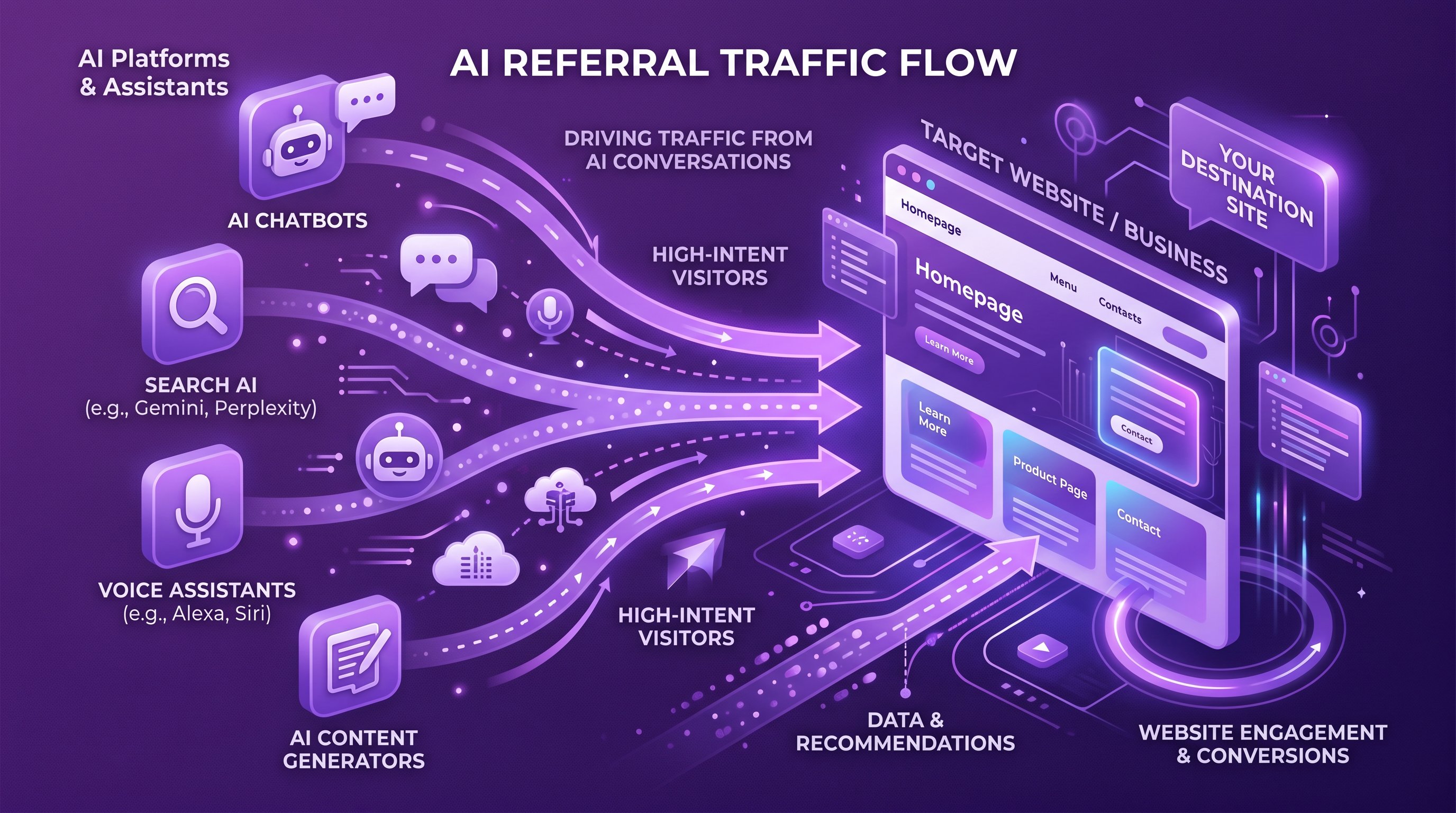 illustration of AI referral traffic, purple tones