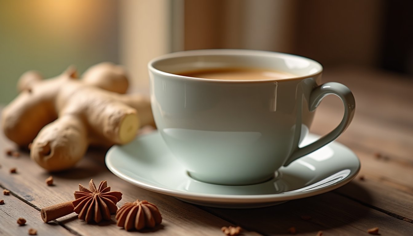 coffee cup and ginger and nutmeg on table