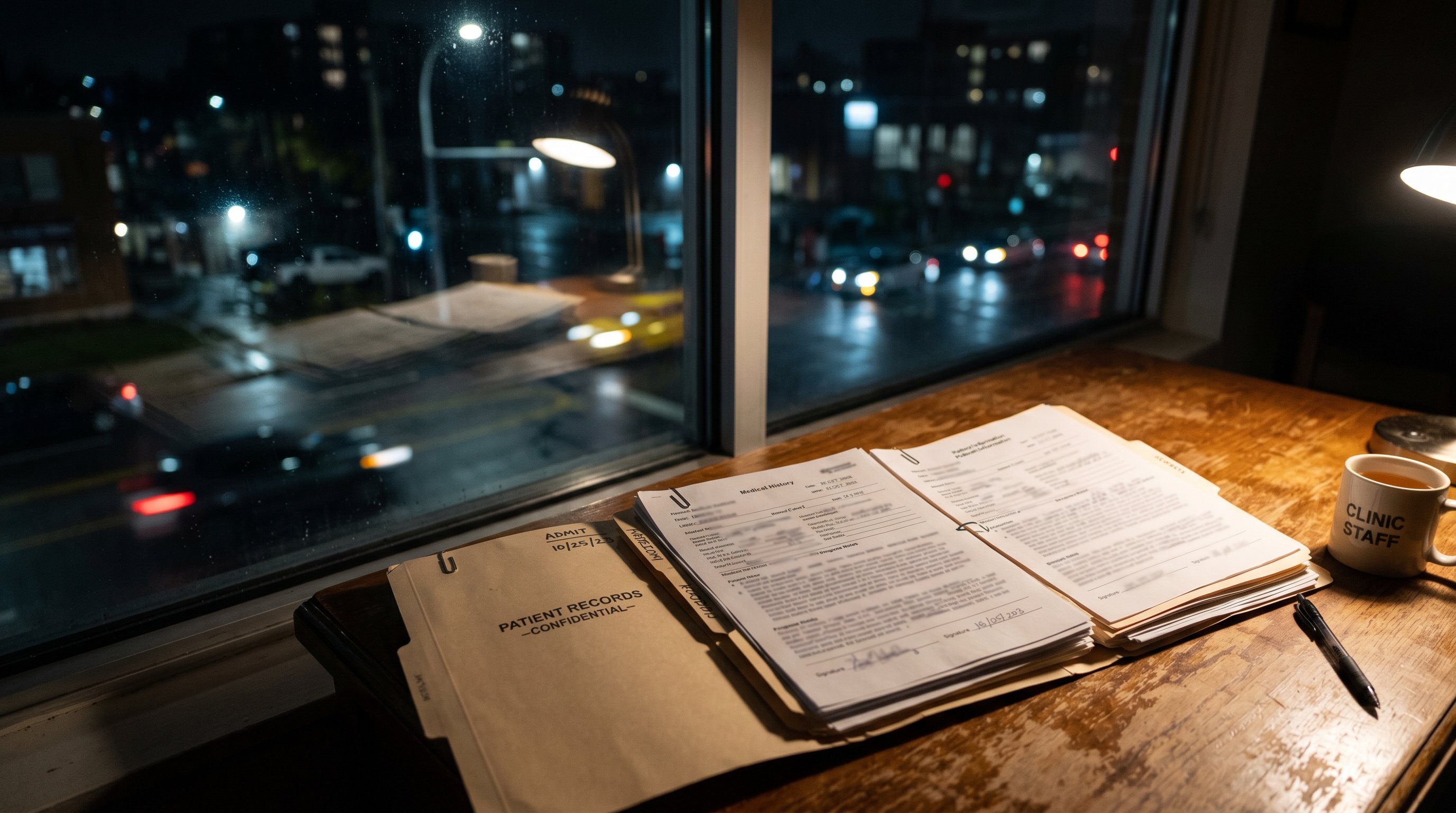 medical records next to a clinic window at night, blurred text