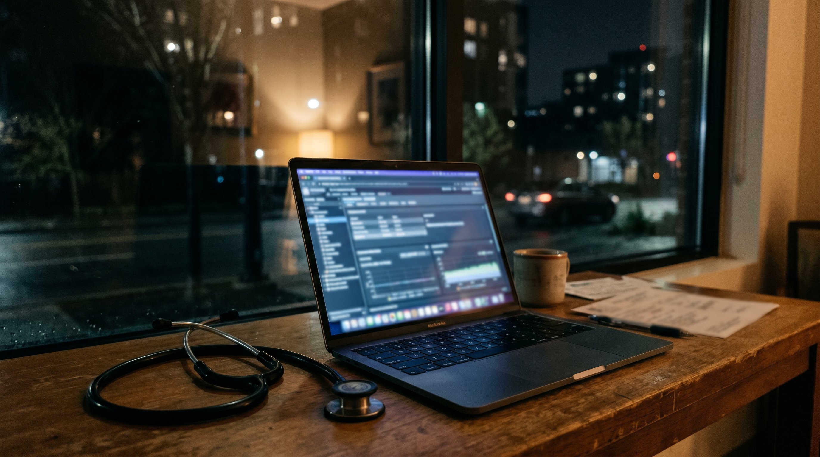stethoscope and laptop next to a clinic window at night, blurred text, no readable text