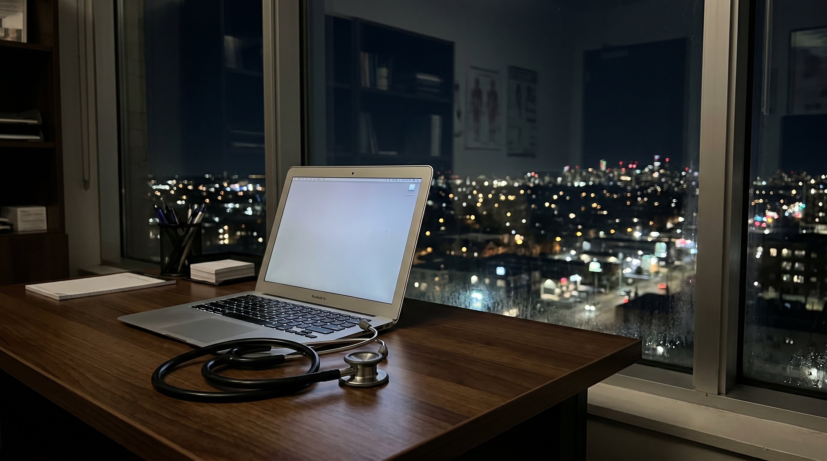 stethoscope next to laptop at night