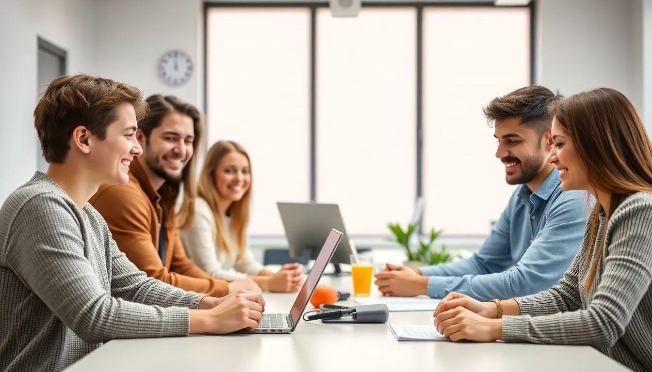 young people around a table smiling and working at the office