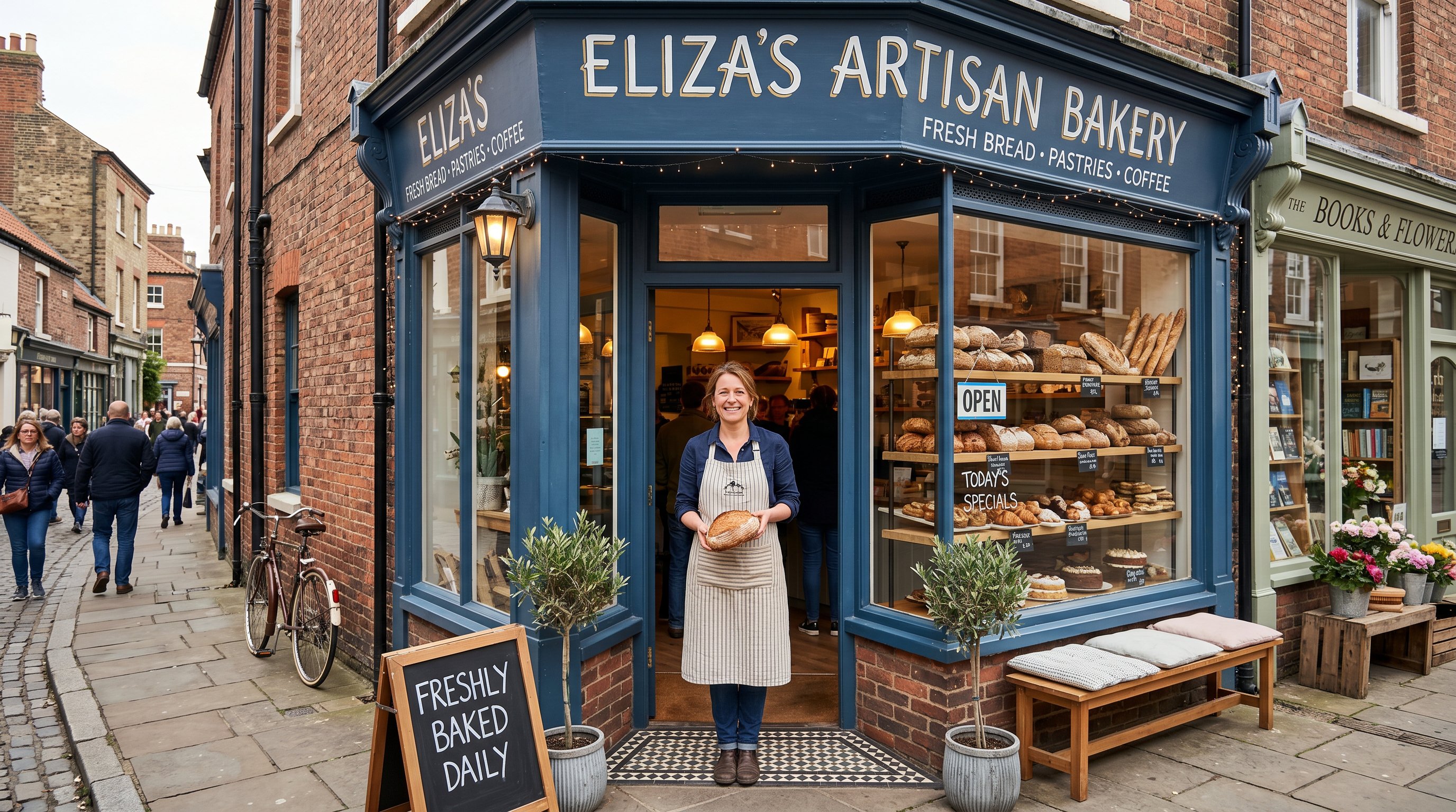 small bakery storefront with business owner