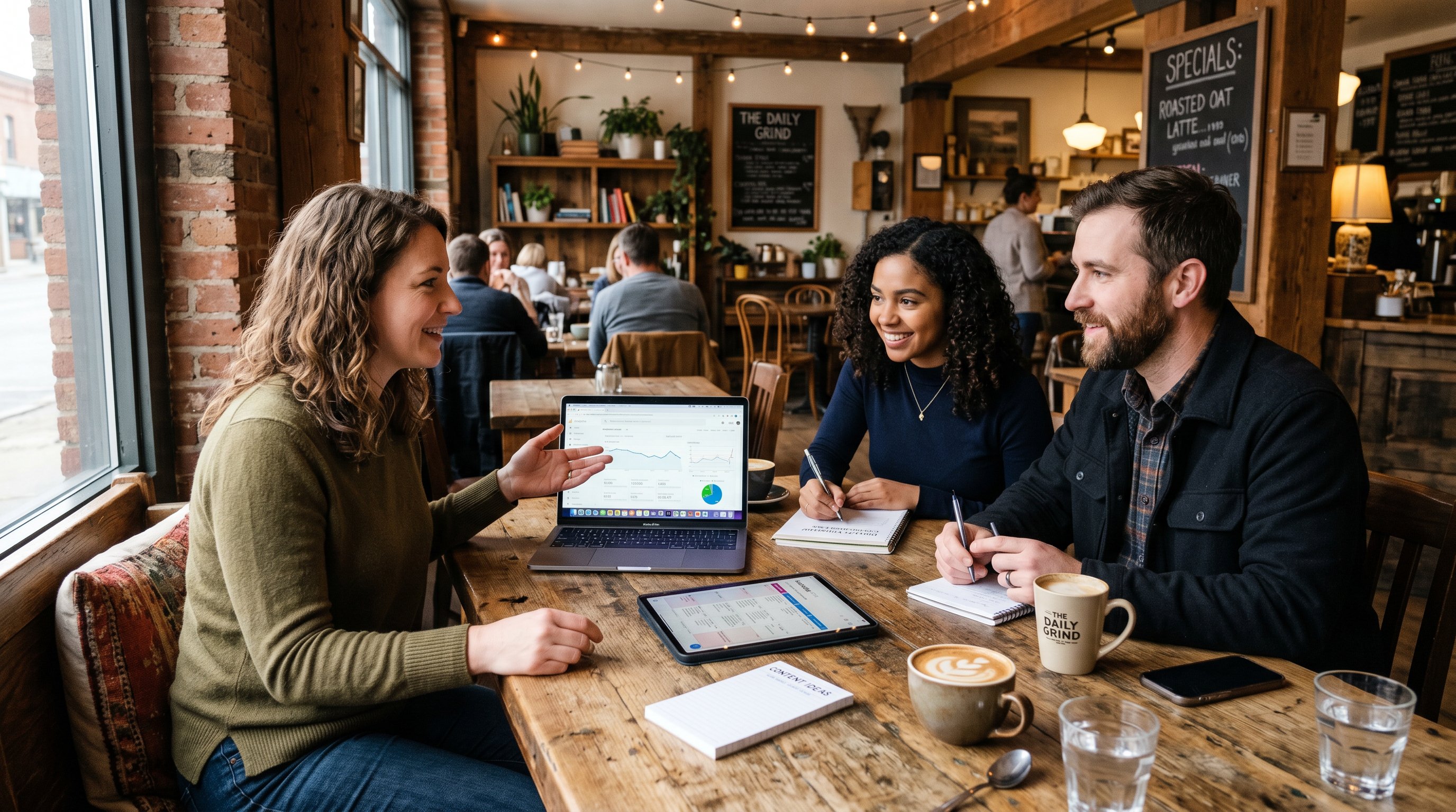 people in a small digital marketing team meeting at a coffee shop