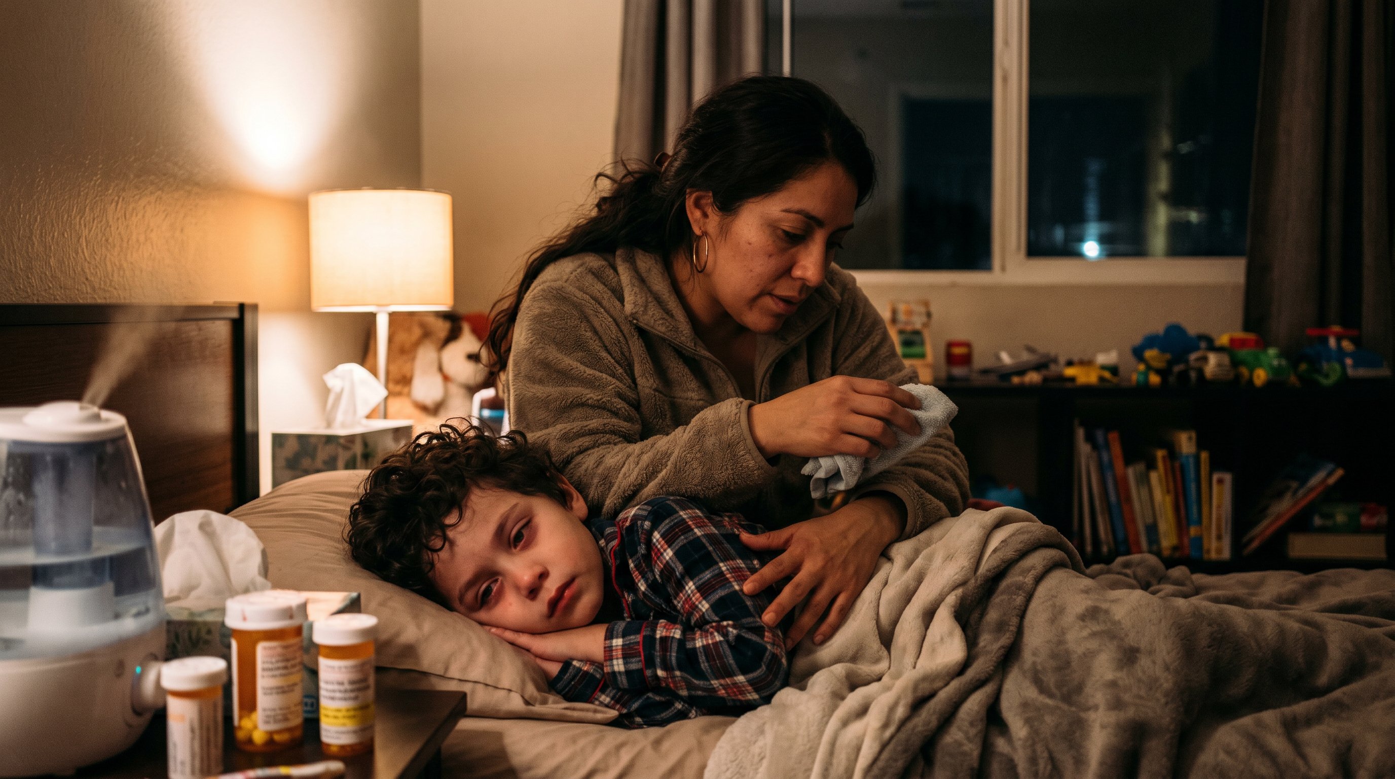 mother and child showing care at night, candid, son is sick