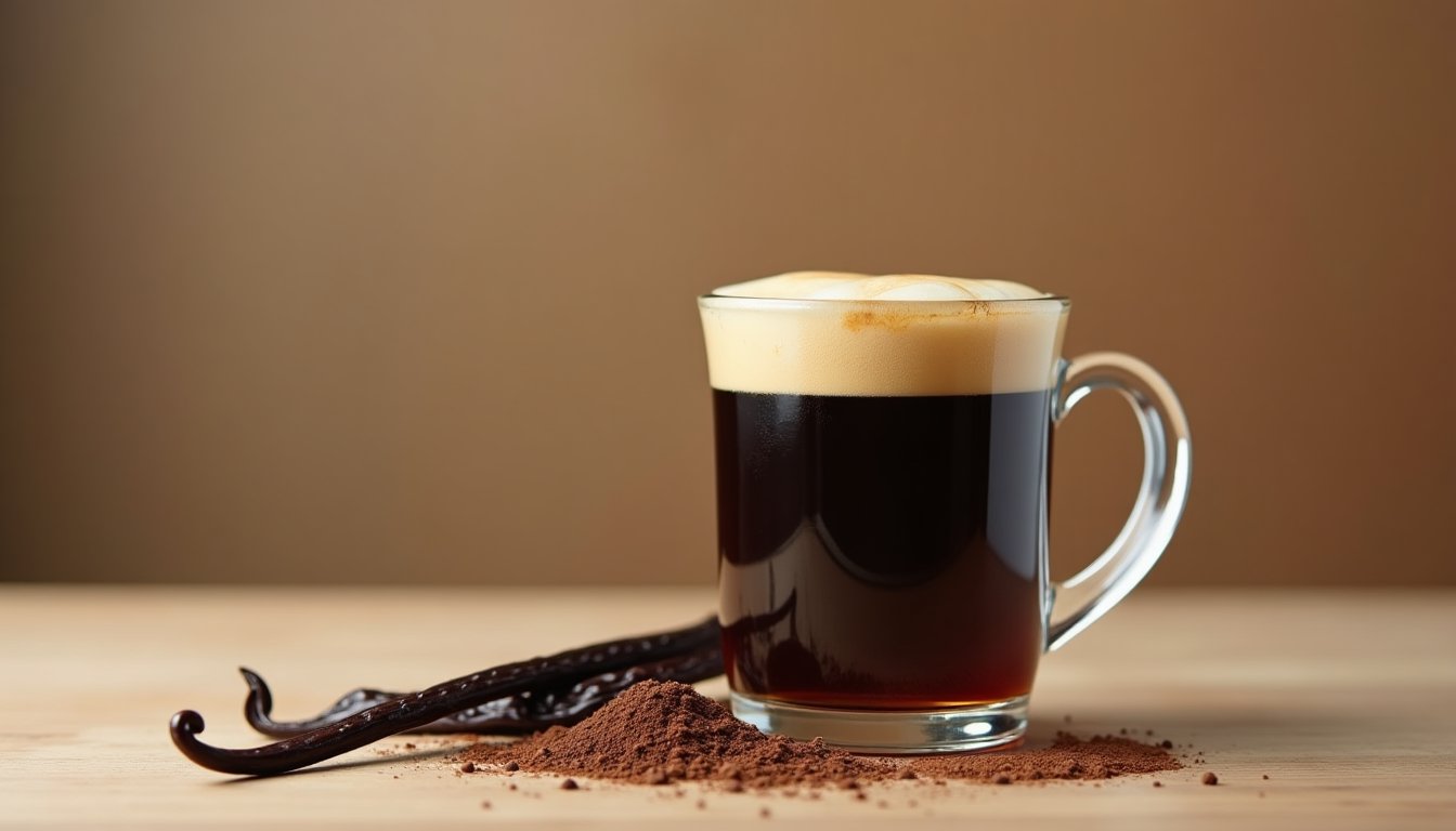 black coffee next to vanilla extract