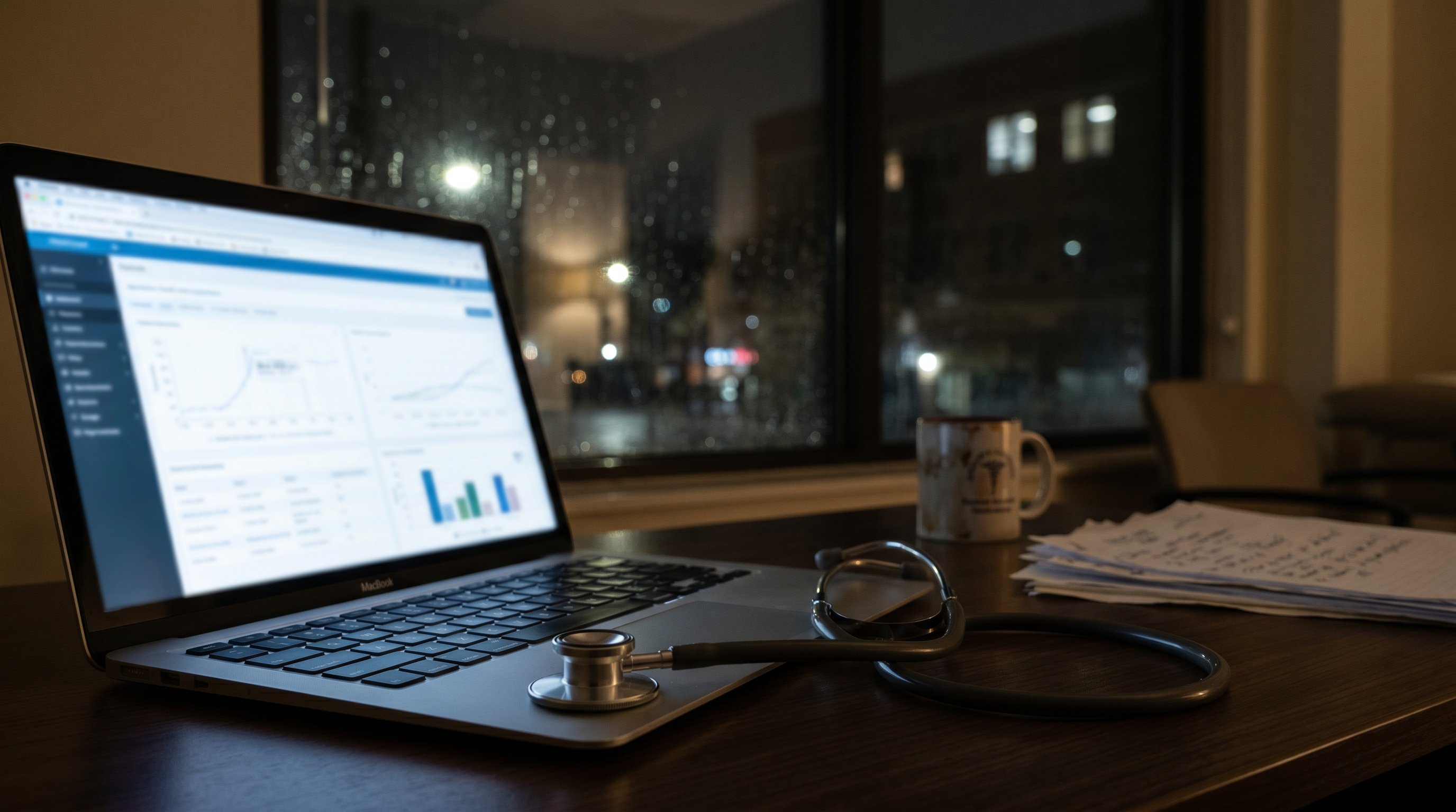 stethoscope and laptop next to a clinic window at night, blurred text, no readable text