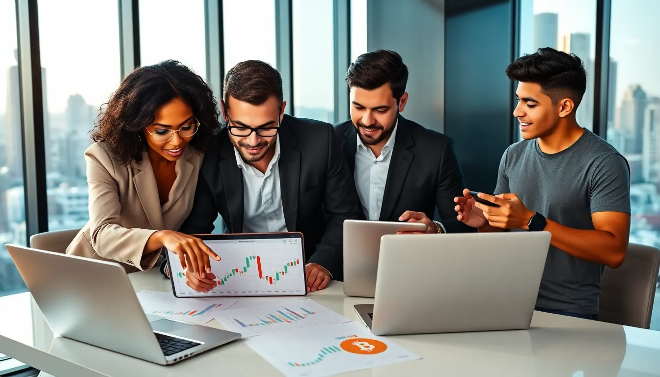 investors analyzing cryptocurrency trends in a modern office setting.