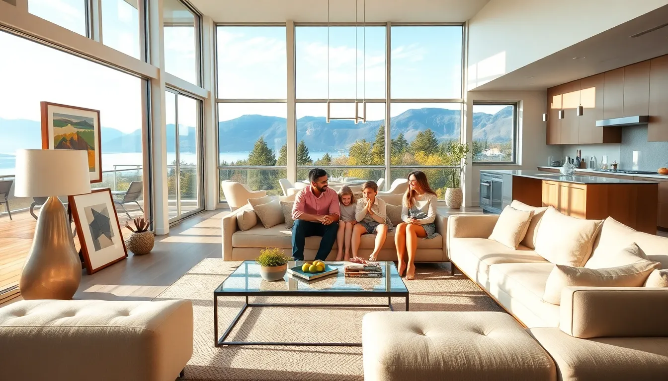 a cozy living room in a second home with a family enjoying time together.