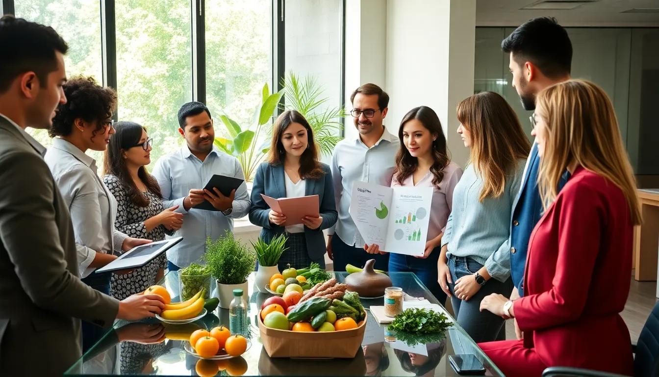 Living Pristine: A Journey to a Healthier Lifestyle 8 diverse team discussing sustainable living in a modern office.