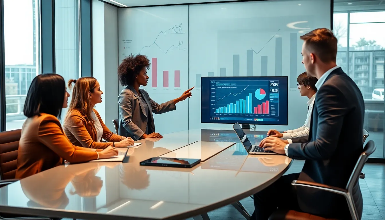 professionals analyzing shopping history data in a modern office.