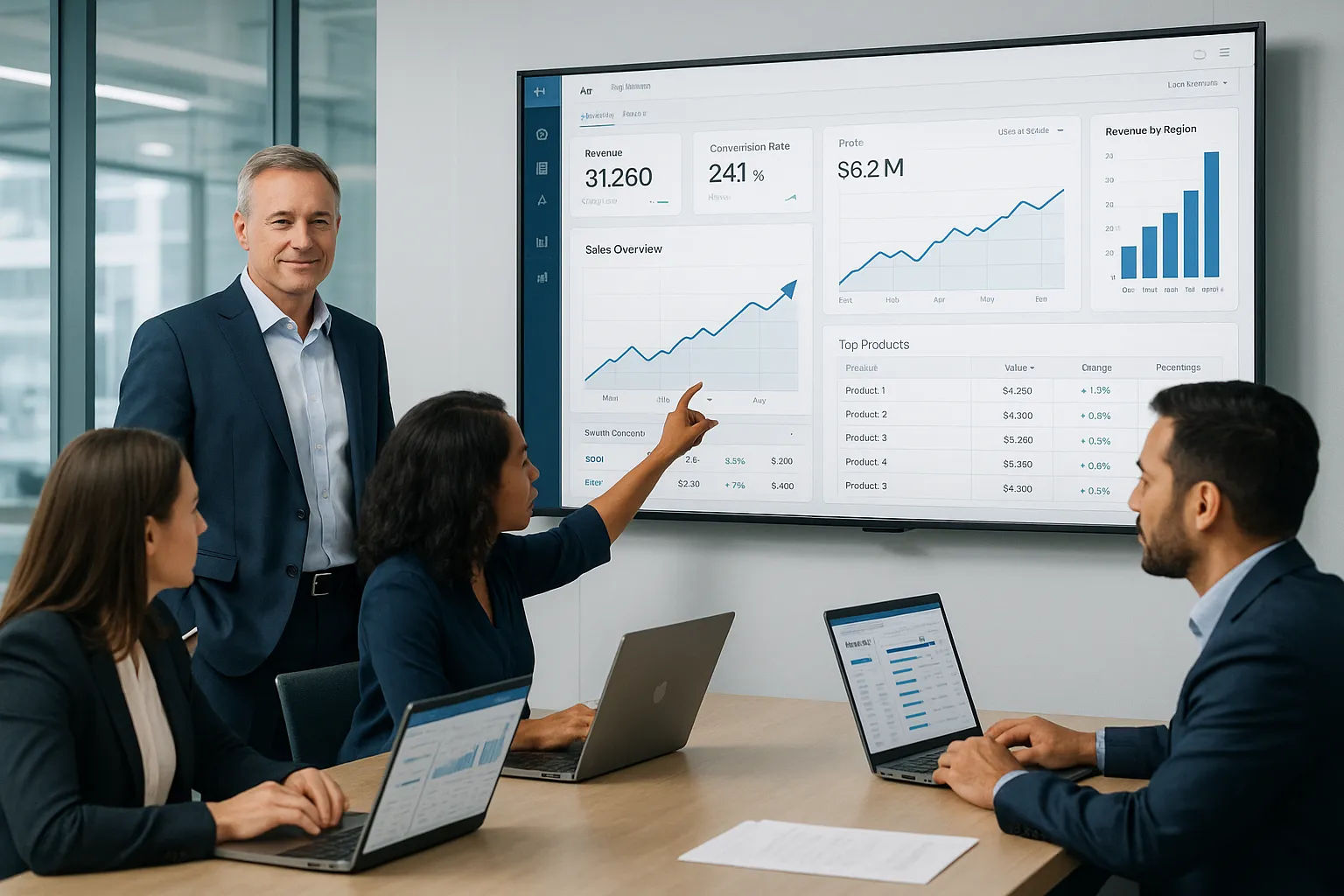 Business team reviewing KPI dashboards and reports in a modern office.